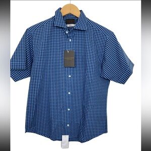 Thomas Dean Men’s Button Down Shirt Short Sleve Plaid Blue Size Small New